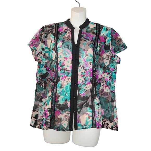 NY Collection Womens Medium Sheer Blouse Floral Mesh Button Up Top Bloomcore - Picture 1 of 8